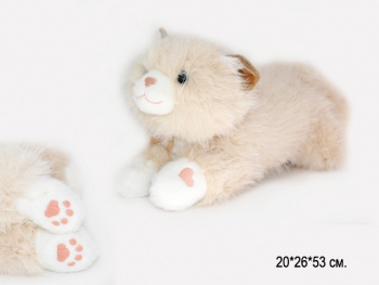 им Кошка арт. 209404 Бежевая белые лапки и мордочка лежит мяукает 60 см в пак.