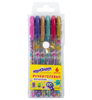 кс_Ручки гелевые арт. 142801 ЮНЛАНДИЯ,набор 6 шт.,АССОРТИ МЕТАЛЛИК,с печатью,узел 0,7 мм,линия пись