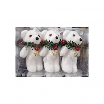 Игрушка-подвеска арт. 803016 Медведь белый стоит в еловом шарфе 11 см Набор 3 шт в прозр.кор.