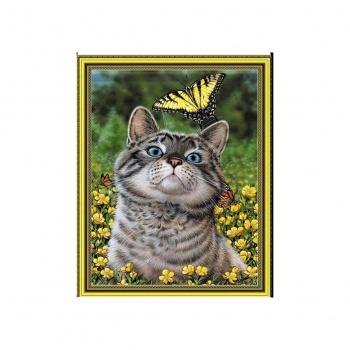 Алмазная мозаика арт. GLE74655 Кот с бабочкой 40*50 полная выкладка на подрамнике