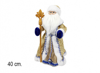 Дед Мороз арт. 17A01-16-601 В золотисто-синей шубке муз. 40 см в кор.