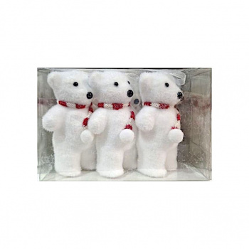 Игрушка-подвеска арт. 803009 Белый медведь стоит в полосатом шарфе 11 см Набор 3 шт в прозр.кор.