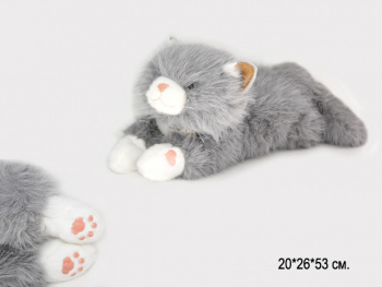 им Кошка арт. 209403 Серая белые лапки и мордочка лежит мяукает 60 см в пак.